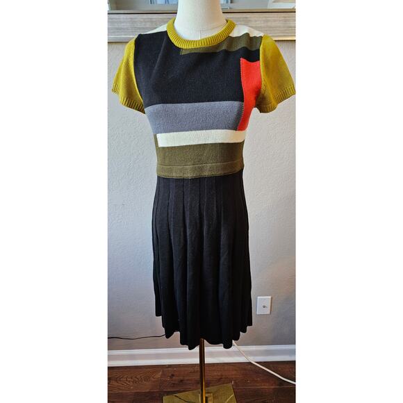 Vince Camuto Pleated Colorblock Fit & Flare Knit Sweater Dress Women Sz XS Multi - Picture 2 of 6